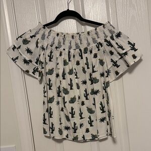 Blue Rain White Cactus Print Off-Shoulder Blouse